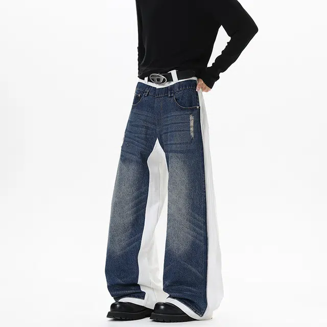加荣 美式复古蓝白拼接弯刀牛仔裤男时尚高级感直筒裤男休闲百搭裤男款宽松舒适阔腿裤男高街松弛感男痞帅炸街长裤 男女同款