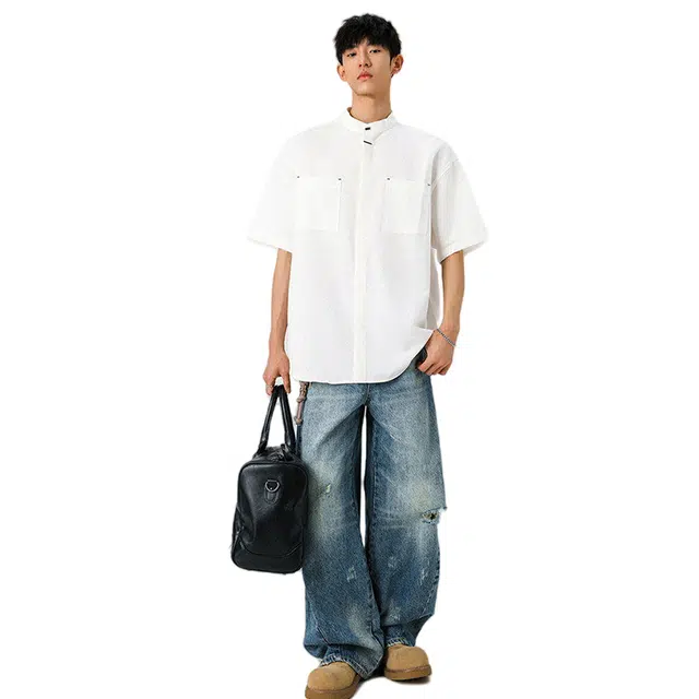 加荣 白色短袖衬衫男款夏季薄款透气五分袖宽松休闲工装衬衣新中式男装改良汉服潮流帅气立领半袖夏装青少年美式高街纯色上衣 男女同款