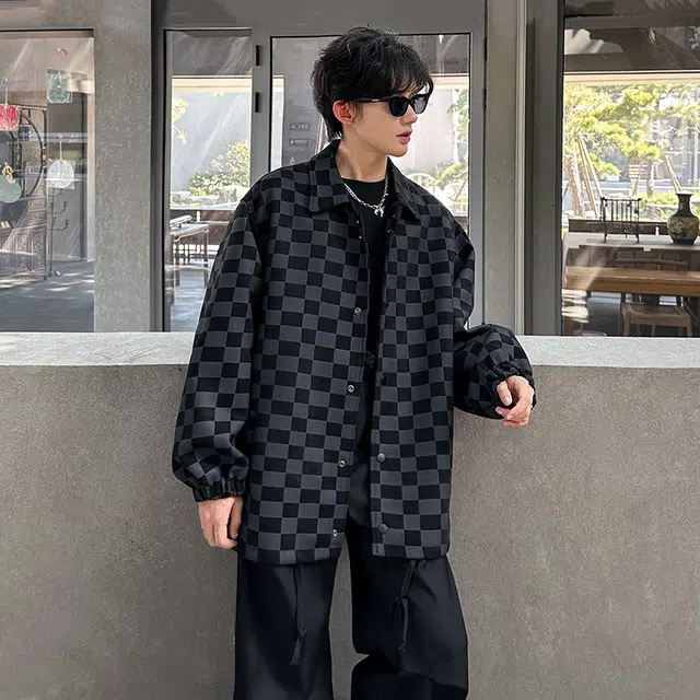 加荣 美式高街撞色棋盘格子夹克男早秋设计感小众翻领上衣男款复古宽松休闲外衣男士时尚百搭长袖飞行服男潮流高级感工装外套 男女同款