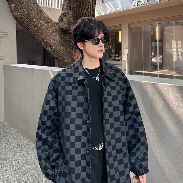 加荣 美式高街撞色棋盘格子夹克男早秋设计感小众翻领上衣男款复古宽松休闲外衣男士时尚百搭长袖飞行服男潮流高级感工装外套 男女同款