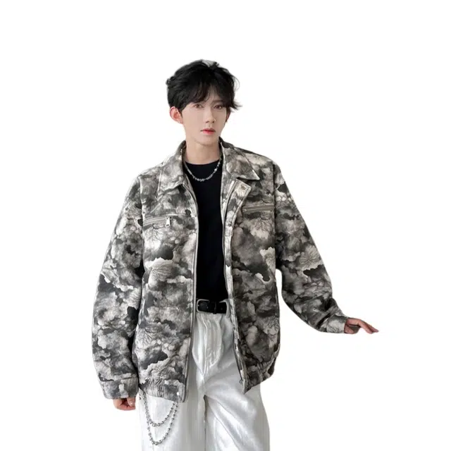 加荣 美式潮牌翻领夹克秋季男款高街痞帅百搭男装长袖衬衫男撞色扎染衬衣青少年设计高级感宽松外套 男女同款