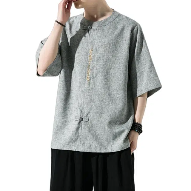 加荣 唐装中国风夏季薄款透气仿麻汉服短袖衬衫复古宽松盘扣立领潮流百搭大码青少年户外出行五分袖衬衣上衣 男女同款