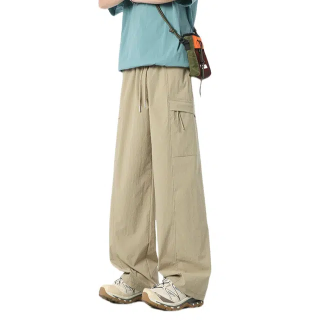 加荣  美式速干褶皱冰丝裤男夏季薄款透气潮流百搭宽松休闲青少年户外运动松紧腰小众设计感直筒阔腿工装裤长裤 男女同款