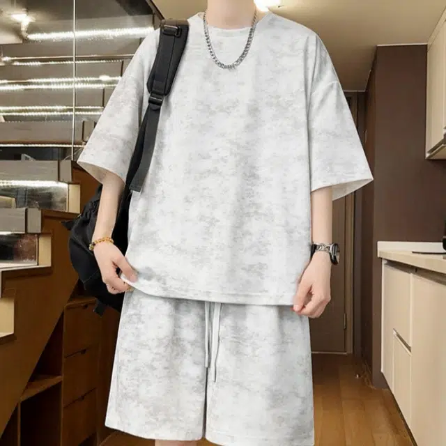 加荣 扎染青少年帅气学生复古高级感时尚初夏穿搭宽松直筒阔腿圆领短袖短裤休闲运动套装 男女同款
