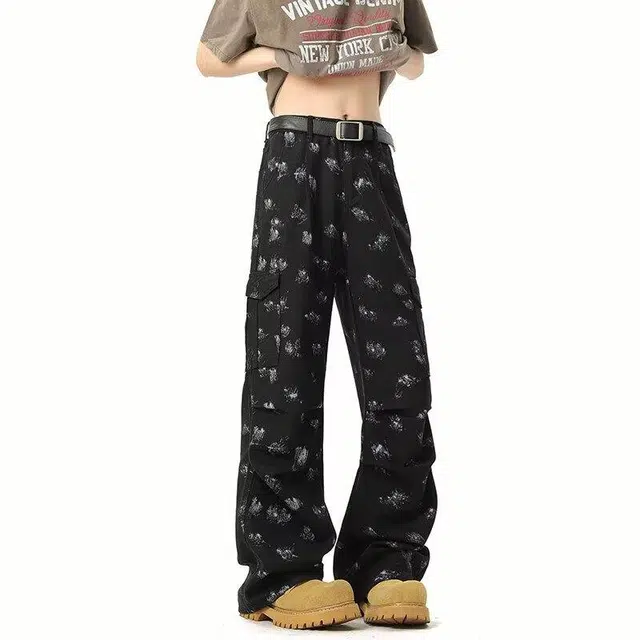 加荣 美式潮流漆点直筒牛仔裤男秋季宽松休闲裤子青少年痞帅炸街阔腿裤字母设计感高街微喇裤春秋百搭可系皮带基础款男士长裤 男女同款