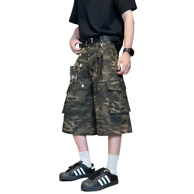 加荣 美式高街多口袋迷彩七分裤裤男夏季轻薄透气潮牌青少年日常出行百搭男裤宽松休闲小众设计直筒阔腿外穿牛仔短裤 男女同款