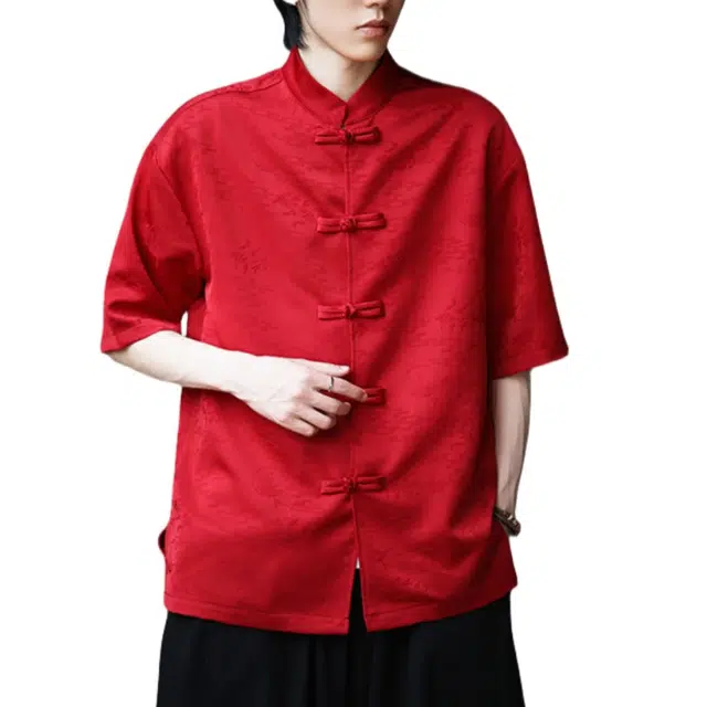 加荣 新中式唐装男夏季薄款透气冰丝短袖衬衫改良汉服大码中国风青少年户外出行百搭盘扣五分袖衬衣上衣 男女同款