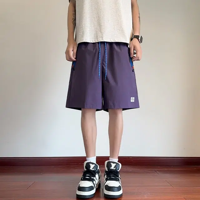 加荣 百塔美式复古拼接户外宽松五分休闲短裤 男女同款