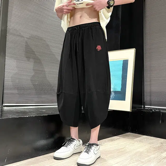 加荣 薄款中国风直筒裤复古刺绣灯笼裤大码哈伦裤七分裤休闲短裤 男女同款