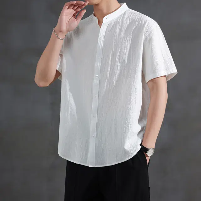 加荣 中国风休闲户外纯色简约薄款透气翻领上衣大码青少年潮流短袖衬衫 男女同款