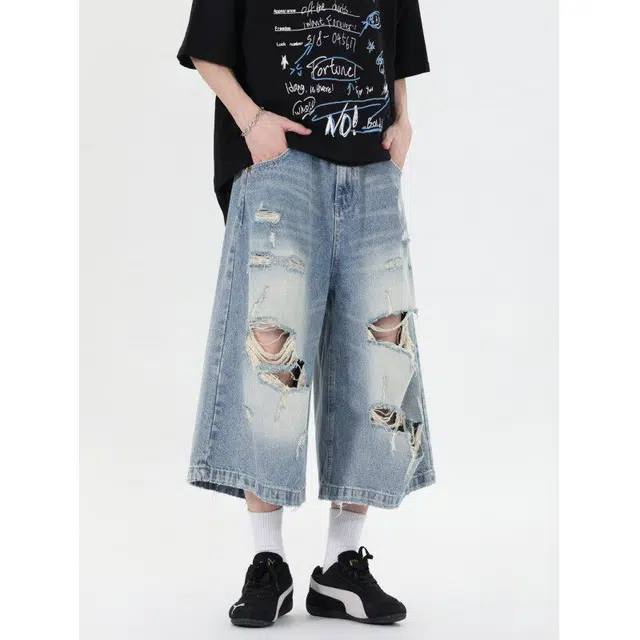 加荣 美式街头风小众破坏感薄款透气潮牌百搭水洗宽松休闲做旧七分牛仔短裤 男女同款