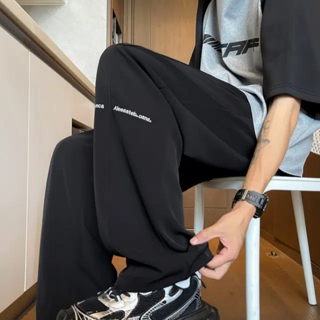 加荣 冰丝垂感速干裤子男夏季轻薄透气潮牌青少年户外出行百搭休闲裤小众设计宽松松紧腰直筒阔腿裤长裤 男女同款