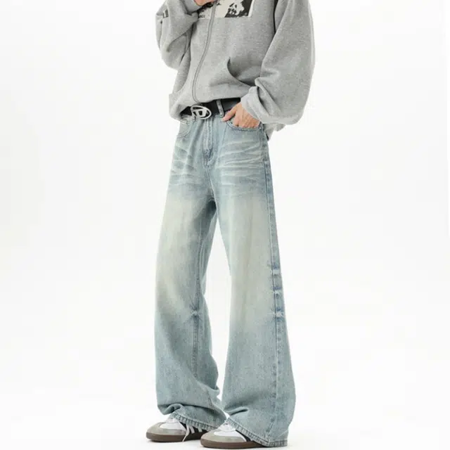 加荣 美式复古弯刀牛仔裤男款潮牌高街水洗微喇裤子男宽松休闲阔腿裤男士直筒裤男装可系皮带基础款长裤 男女同款