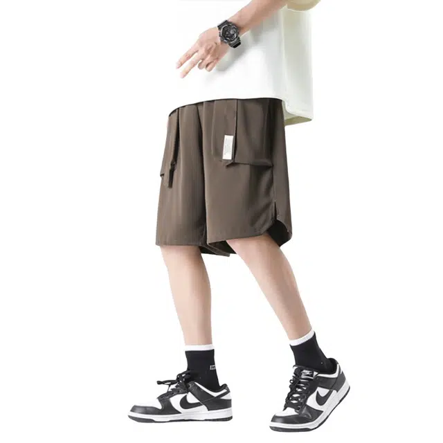 加荣 冰丝工装短裤男夏季轻薄透气潮牌青少年户外出行百搭美式复古垂感五分裤宽松休闲速干松紧腰中裤工装短裤 男女同款