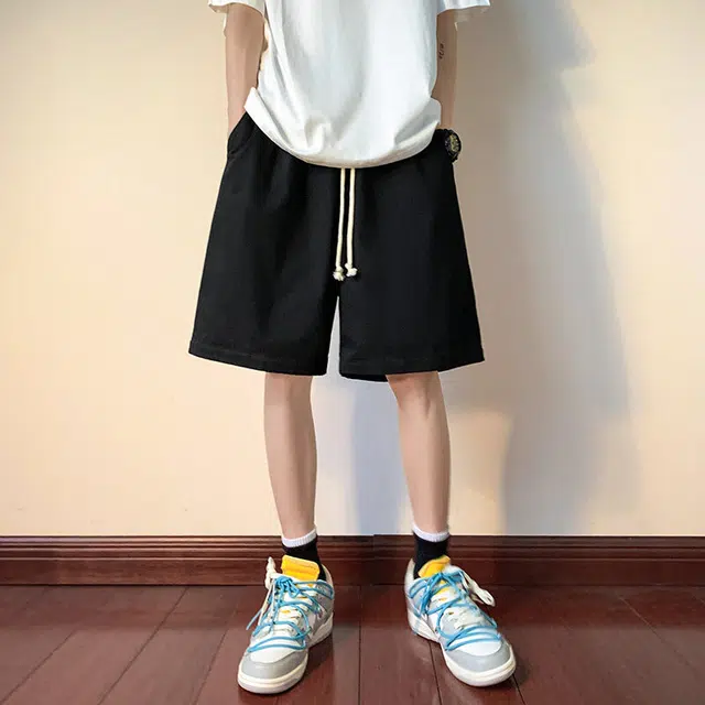加荣 纯棉短裤男夏季薄款透气休闲裤宽松直筒裤夏天男士户外运动裤青少年美式篮球裤松紧腰裤子日系复古五分裤 男女同款 纯色简约中裤