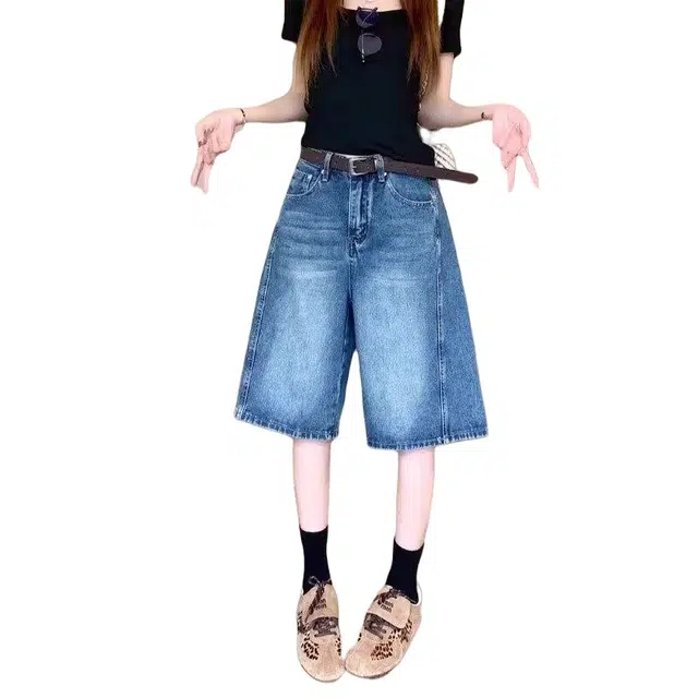 加荣 复古水洗五分裤男夏季轻薄透气潮牌青少年日常出行通勤百搭男裤小众设计感高腰显瘦宽松阔腿裤休闲裤牛仔短裤 男女同款