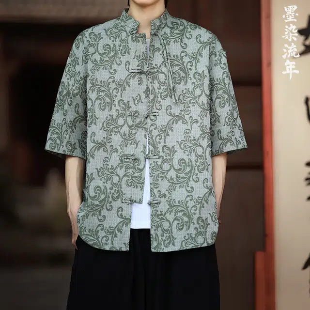 加荣 中国风提花衬衣夏季国潮新中式盘扣立领唐装高端提花小众设计感汉服薄款外套潮流户外透气五分袖短袖衬衫 男女同款