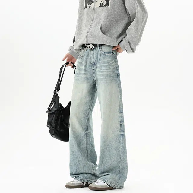 加荣 美式复古弯刀牛仔裤男款潮牌高街水洗微喇裤子男宽松休闲阔腿裤男士直筒裤男装可系皮带基础款长裤 男女同款