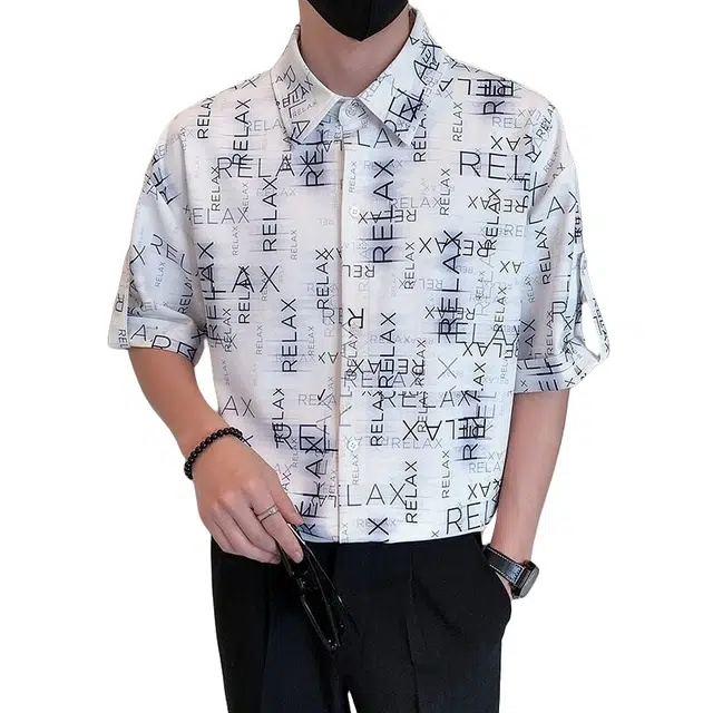 加荣 冰丝垂感透气速干花潮牌字母满印短袖衬衣夏季薄款韩版小众高级感商务时尚潮流百搭翻领衬衫 男女同款
