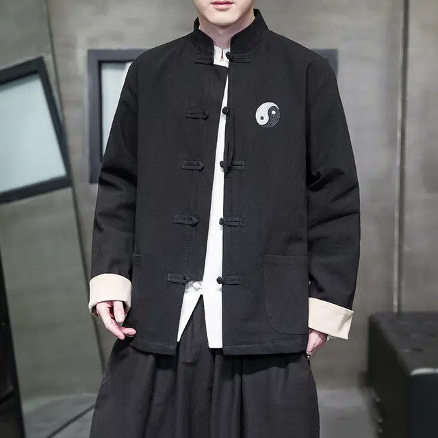加荣 中国风刺绣棉麻夹克男款潮流痞帅中山装男士秋季宽松百搭开衫男装上衣复古时尚衬衫男生新中式立领盘扣唐装汉服外套 男女同款