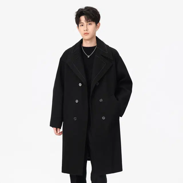加荣 美式撞色设计感中长款毛呢高级感英伦风宽松休闲潮流翻领大衣 男女同款