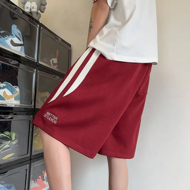 加荣 潮牌美式高街运动夏季薄款透气宽松刺绣高街条纹拼接抽绳凉感撞色五分中裤休闲短裤 男女同款
