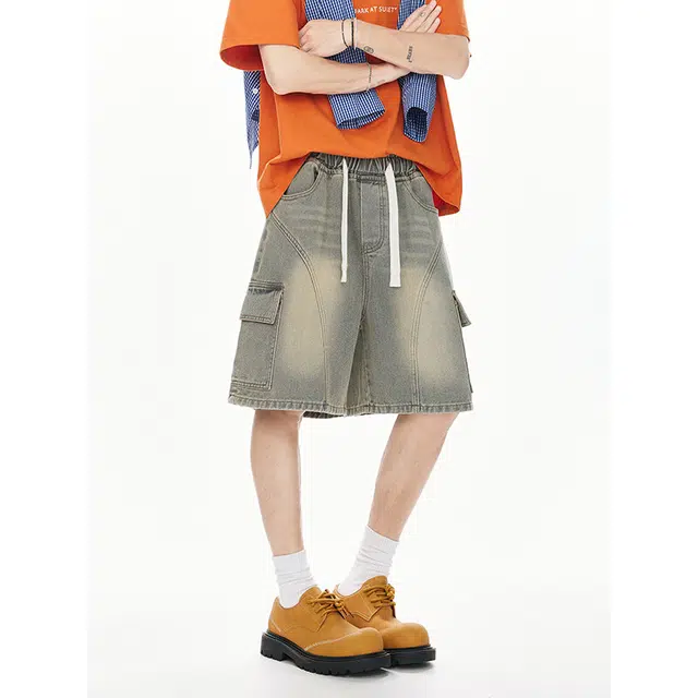 加荣 薄款透气潮牌工装五分裤美式高街直筒宽松复古风格做旧抽绳松紧设计牛仔短裤 男女同款