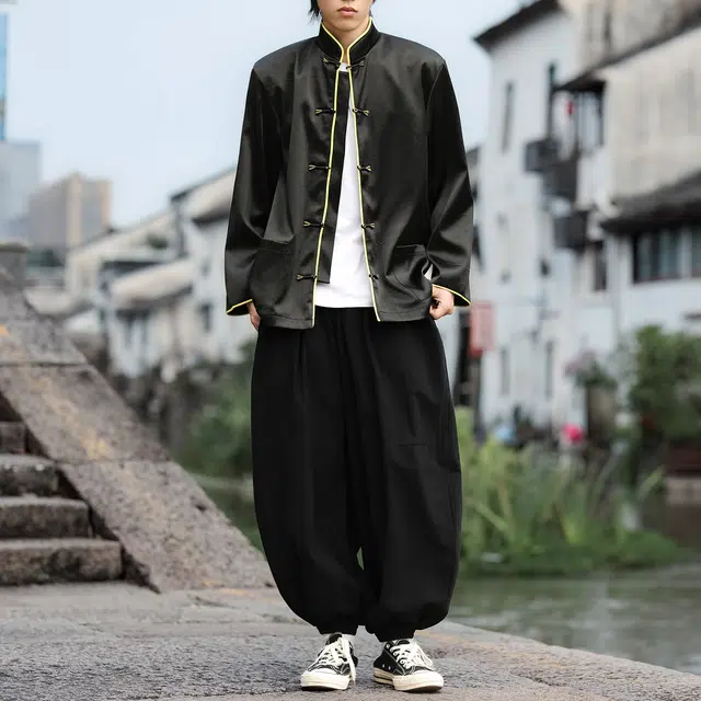 加荣 新中式长袖夹克男款简约百搭盘扣唐装男士秋季宽松休闲太极服男装上衣时尚高级感衬衣青少年款潮流立领中山装外套 男女同款