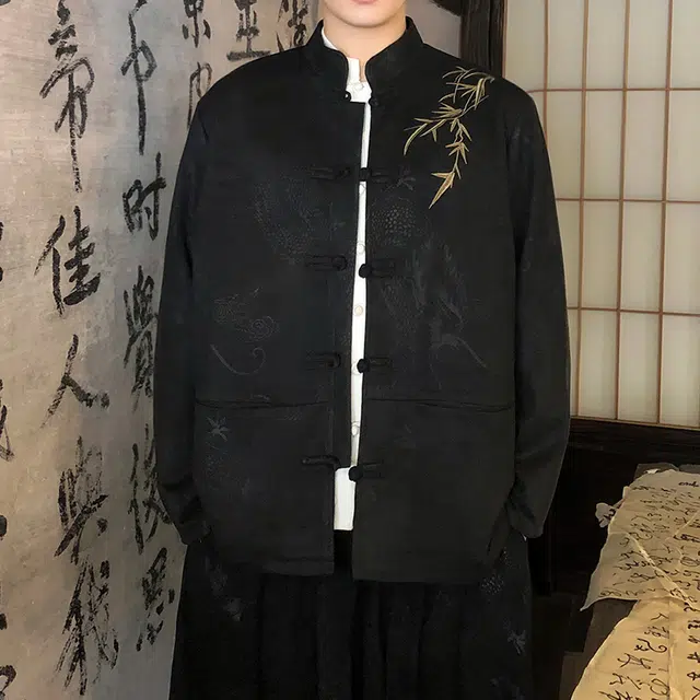 加荣 中国风麂皮绒唐装秋季盘扣翠竹刺绣立领中山装宽松休闲礼服青少年酷帅潮流时尚高级感居士服夹克外套 男女同款