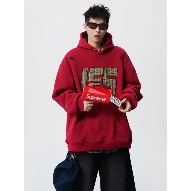 加荣 美式复古重磅贴布刺绣高街宽松休闲连帽舒适百搭基础款套头运动帽秋潮流精致卫衣 男女同款