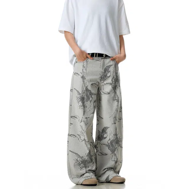 加荣 美式提花牛仔裤男秋季潮牌宽松直筒阔腿裤男款小众设计感工装裤男复古显瘦垂感拖地裤男士慵懒风微喇裤男装休闲百搭长裤 男女同款