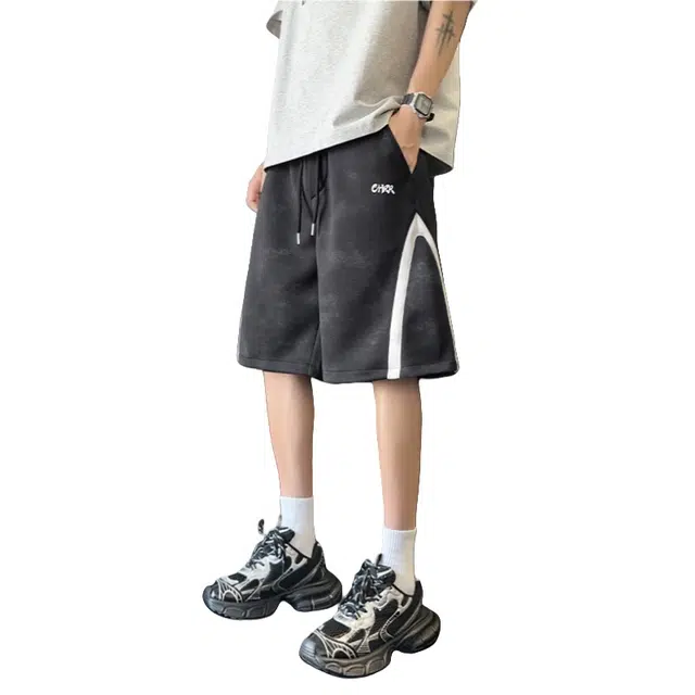 加荣 美式设计宽松大码拼接刺绣五分裤潮牌休闲短裤 男女同款