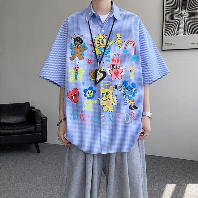 加荣 潮流卡通设计青少年街头户外短袖衬衫 男女同款