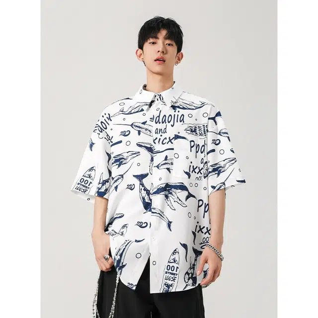 加荣 夏威夷沙滩薄青少年帅气潮流翻领宽松鲸鱼设计小众短袖衬衫 男女同款