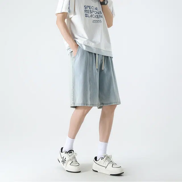 加荣 美式夏季薄款透气休闲宽松抽绳直筒水洗高街潮流复古青少年运动牛仔短裤 男女同款