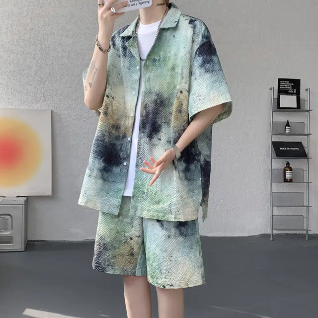 加荣 美式复古渐变短袖透气泡泡短裤度假搭配衬衫套装 男女同款