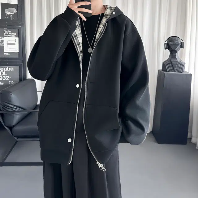 加荣 春秋舒适高级感日系格子宽松外套撞色休闲上衣美式复古格纹拼接连帽开衫时尚百搭慵懒穿搭长袖夹克卫衣 男女同款