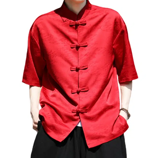 加荣 新中式唐装男夏季薄款透气冰丝短袖衬衫改良汉服大码中国风青少年户外出行百搭盘扣五分袖衬衣上衣 男女同款
