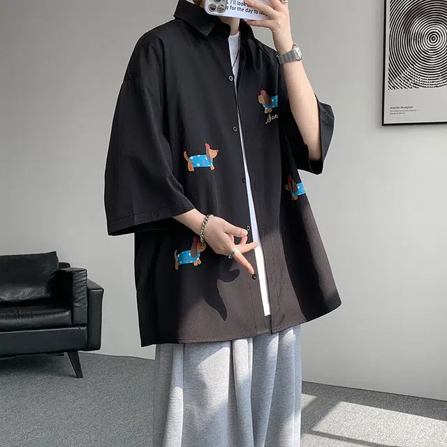 加荣 潮流速干冰丝薄学院风帅气青少年五分袖凉感宽松休闲初高中学生外套腊肠狗印花短袖衬衫 男女同款