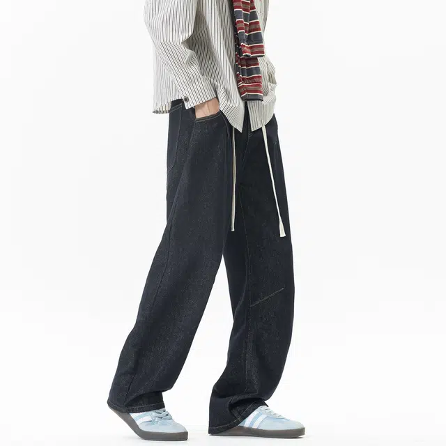 加荣 美式复古设计感弯刀牛仔裤男秋季潮流时尚宽松休闲松紧腰直筒裤春秋高级感青少年潮牌痞帅拼接裤通勤百搭基础款男士长裤 男女同款