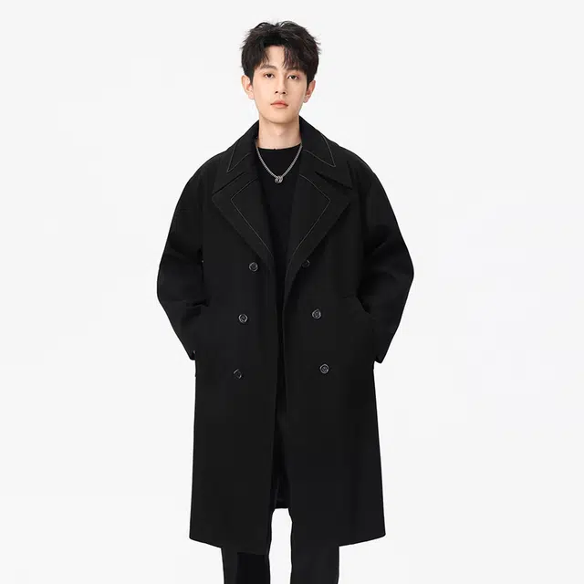 加荣 美式撞色设计感中长款毛呢高级感英伦风宽松休闲潮流翻领大衣 男女同款