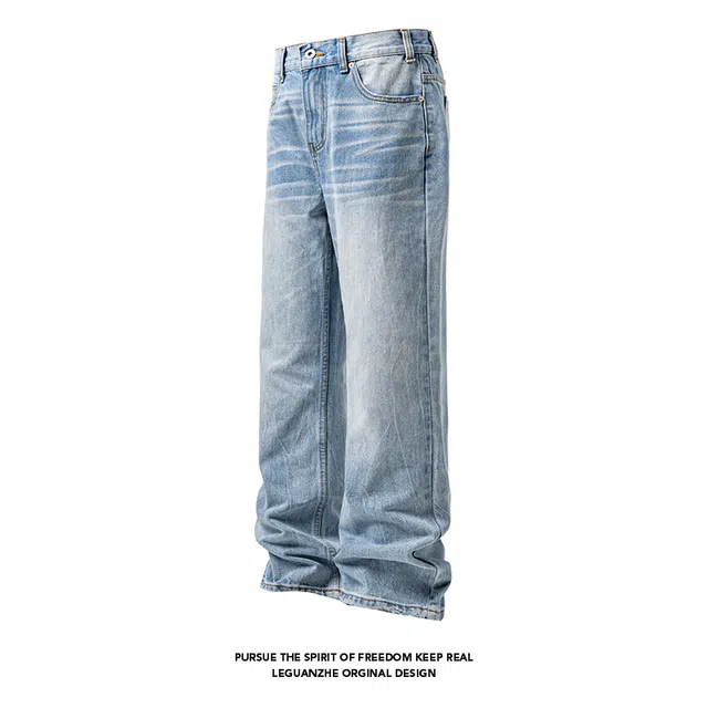 加荣 美式复古水洗做旧男牛仔裤高街条纹设计潮牌拖地男休闲裤子宽松男直筒微喇秋季男款春秋日常百搭可系皮带男长裤 男女同款