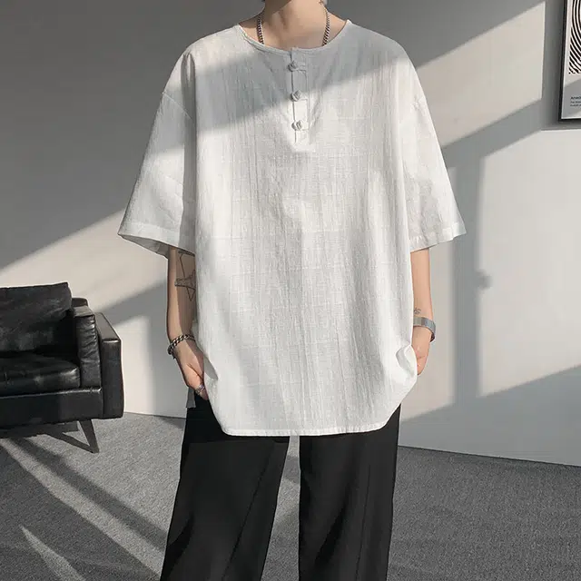 加荣 夏季薄款大码纯色透气凉感中国风亚麻短袖男加肥加大码亨利领新中式盘扣古风唐装短袖衬衫 男女同款