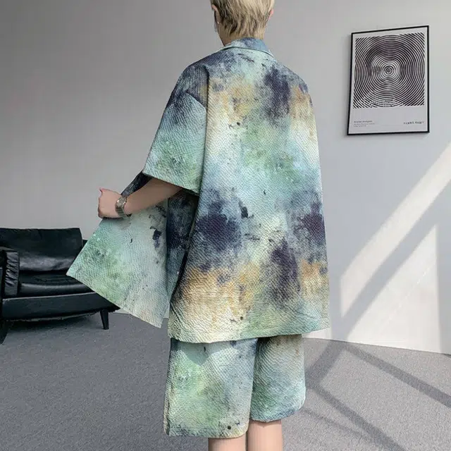 加荣 美式复古渐变短袖透气泡泡短裤度假搭配衬衫套装 男女同款