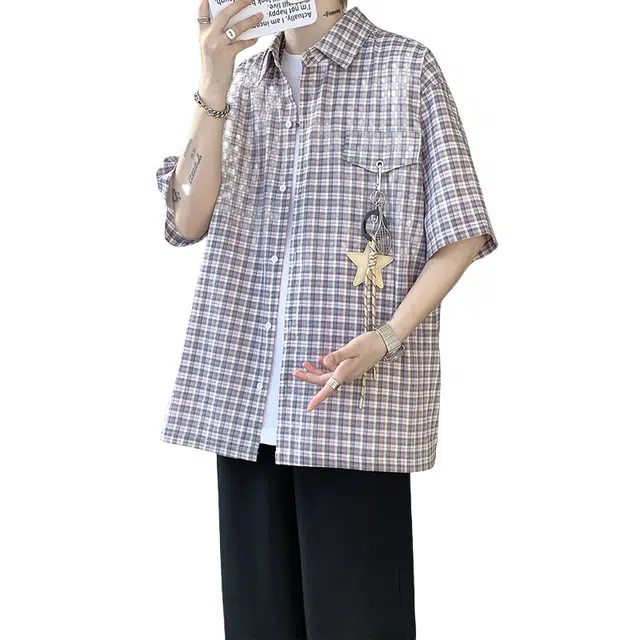 加荣 美式格纹休闲夏季轻薄透气潮牌青少年户外出行通勤百搭宽松慵懒风情侣衬衣短袖衬衫 男女同款