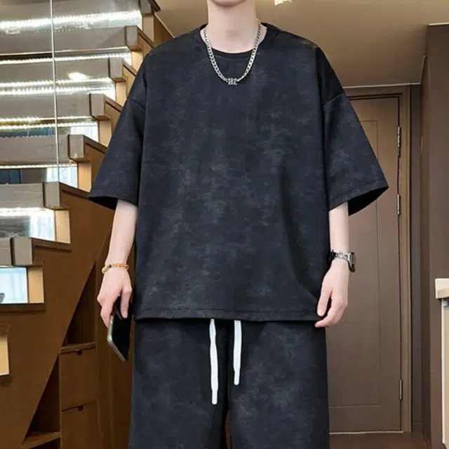 加荣 扎染青少年帅气学生复古高级感时尚初夏穿搭宽松直筒阔腿圆领短袖短裤休闲运动套装 男女同款