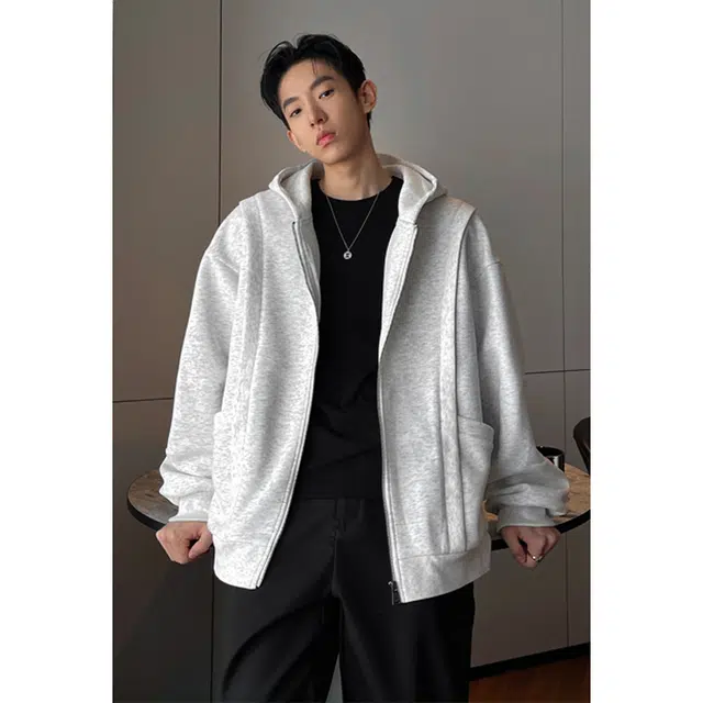 加荣 美式复古连帽卫衣男秋季潮流百搭开衫外套男解构拼接设计感运动服男款宽松休闲外衣男装慵懒风松弛感衫男士高端上衣 男女同款