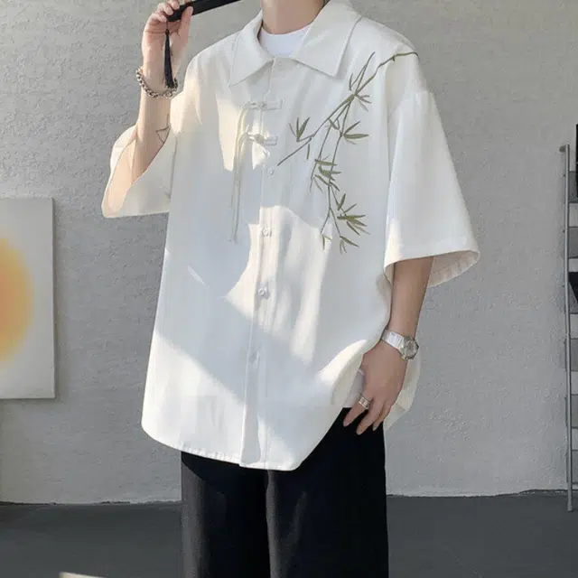 加荣 新中式盘扣薄款透气高级感国风竹子刺绣冰丝盘扣外套特国风短袖衬衫 男女同款