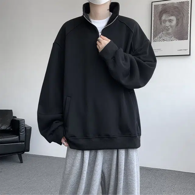 加荣 学院风半拉链高领卫衣男款早秋宽松休闲外套男装美式复古长袖体恤内搭打底衫男士纯色百搭外衣男小众设计感上衣 男女同款