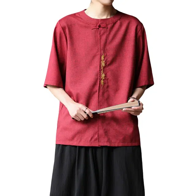 加荣 唐装中国风夏季薄款透气仿麻汉服短袖衬衫复古宽松盘扣立领潮流百搭大码青少年户外出行五分袖衬衣上衣 男女同款